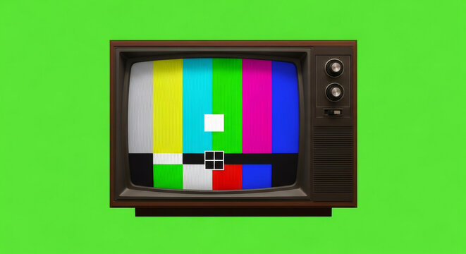 Retro television with color bars test pattern on screen. Vintage broadcast signal error or no signal for chromakey.