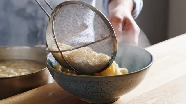 Draining freshly cooked pasta using a metal strainer into a ceramic bowl in a home kitchen