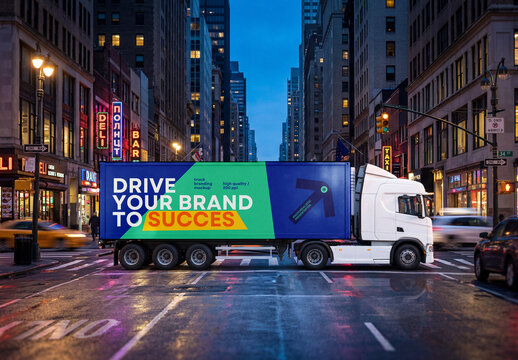 Semi-Truck Trailer Branding Side View Mockup on Night City Street