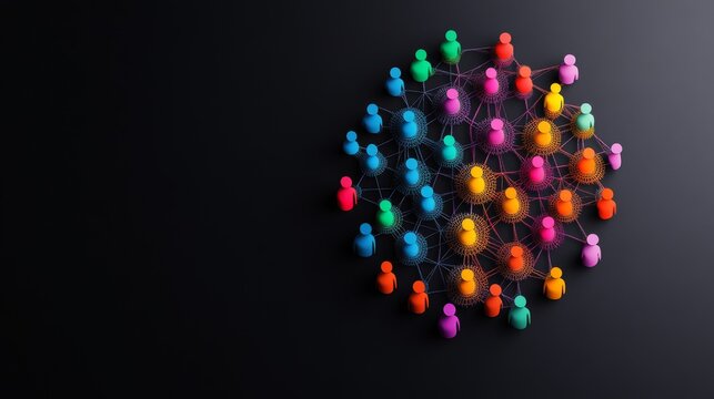 Dynamic 3D colorful human figures, some glowing, form an intricate network on a dark backdrop, symbolizing social interaction, global community and digital collaboration. Social Media,