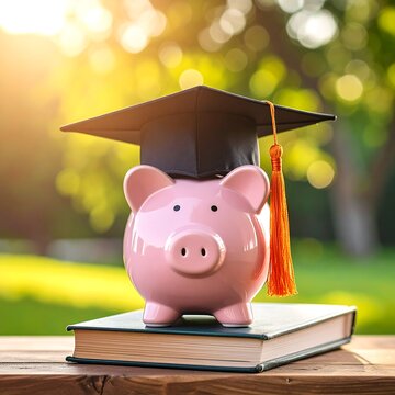 Pink piggy bank with graduation cap on book outdoors