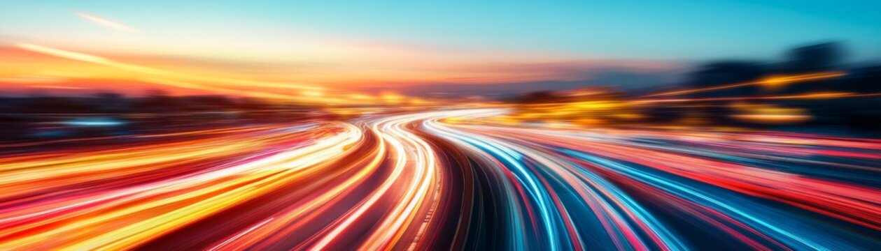 Dynamic long exposure of an urban highway at dusk, showcasing vibrant red and blue light trails signifying speed, data flow and future connectivity. Cityscape, energy. traffic,