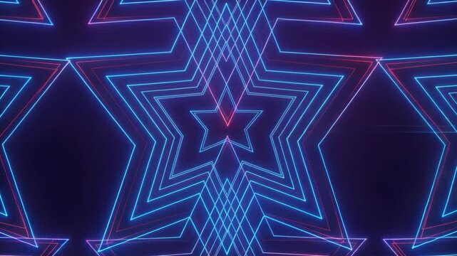 dynamic neon star patterns pulsating in rhythmic motion, electric blue and vibrant red light trails, mesmerizing geometric motion