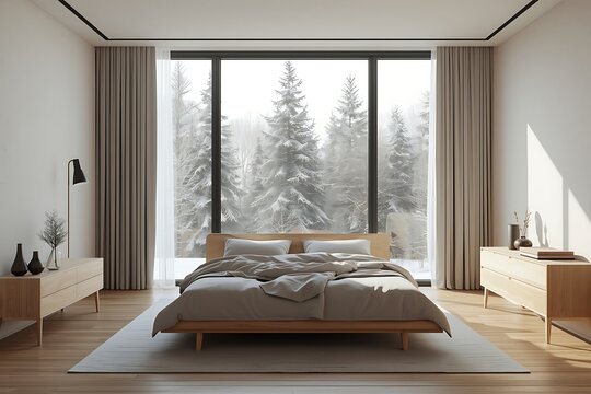 AI Generative Modern Minimalist Bedroom Interior with Snowy Forest View