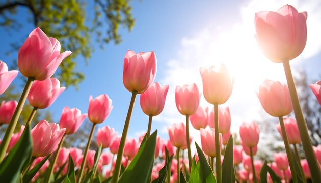Pink tulips in a spring garden
