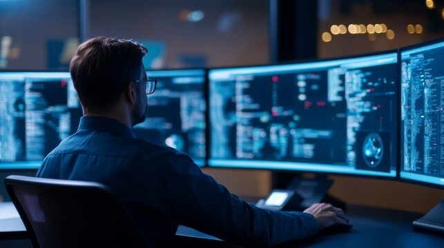 Focused IT professional monitors complex datacode on multiple blue curved screens from over-the-shoulder in a dark high-tech control room., Software, Security