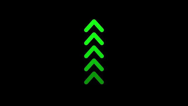 Animated arrow icon pointing up. Green color arrow icon animation on black background