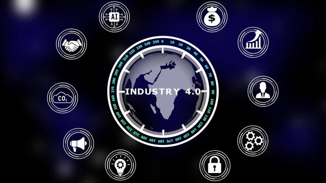 Industry 4 point 0 concept featuring a central globe surrounded by circular representing artificial intelligence money growth handshake carbon dioxide megaphone lightbulb and security lock symbols