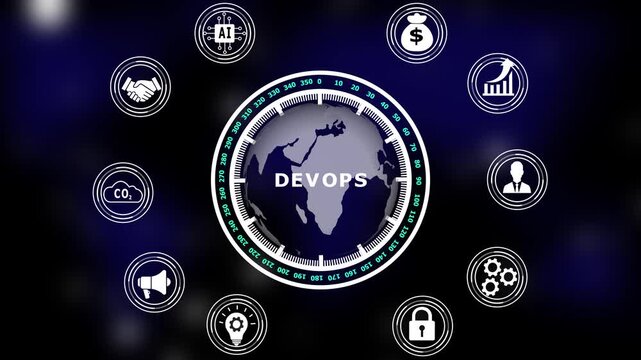 Digital globe with circular representing devops software development and global business strategy concepts on a dark blue background with glowing light particles and technical data