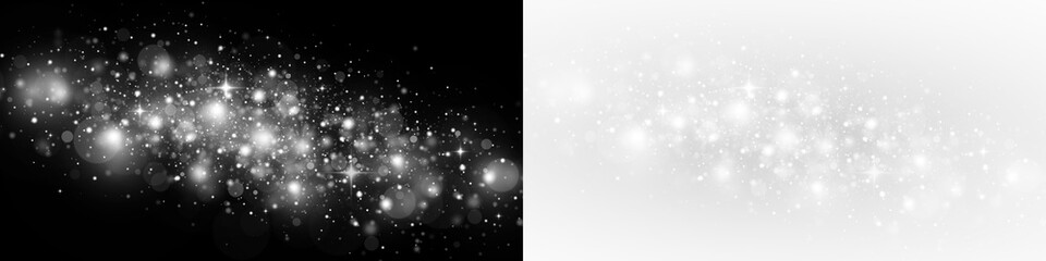 Glistering flash bokeh with radiant light and shimmering powder particles. Transparent spray and christmas dust effect, silver sparkle with abstract festive glow. © FlammaChe