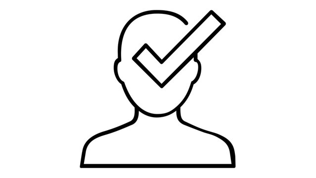 Minimalist vector icon illustration of a person's head with a checkmark symbol, representing identity verification, user authentication, security approval, privacy protection, and profile validation.