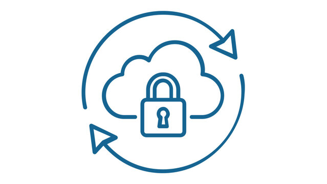 Secure cloud computing vector icon illustration with a padlock inside a cloud and circular arrows, representing data protection, firewall, synchronization, privacy, and secure backup system.