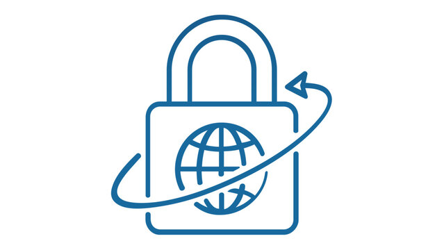 Global Security and Data Privacy Vector Icon Illustration Featuring a Padlock with a Globe and Circular Arrow, Representing Network Protection, Firewall, and Secure International Communication.