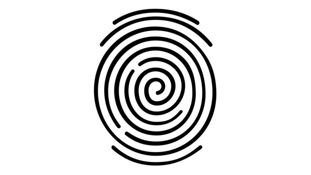 Minimalist black and white vector illustration of a spiral fingerprint icon, representing biometric security, digital identity, privacy protection, and unique human identification.