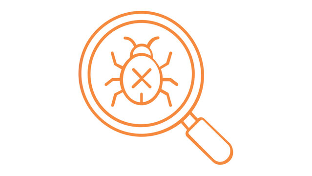 Vector icon illustration of a magnifying glass inspecting a bug with an X mark, representing software debugging, malware detection, virus scanning, and cybersecurity testing in a gradient style.