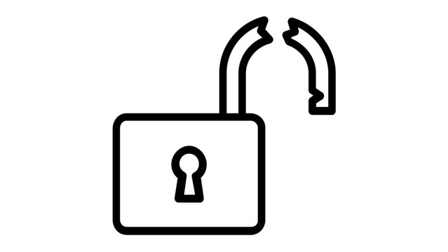 Broken padlock vector icon illustration representing a security breach, data vulnerability, or hacked system. Minimalist black line art design for web and mobile UI/UX applications. Scalable.