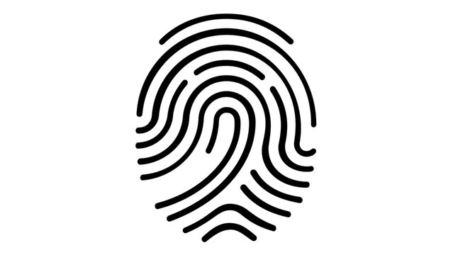 Minimalist black and white fingerprint vector icon illustration for biometric security, identity verification, digital privacy, touch ID authentication, forensic investigation, and data protection.