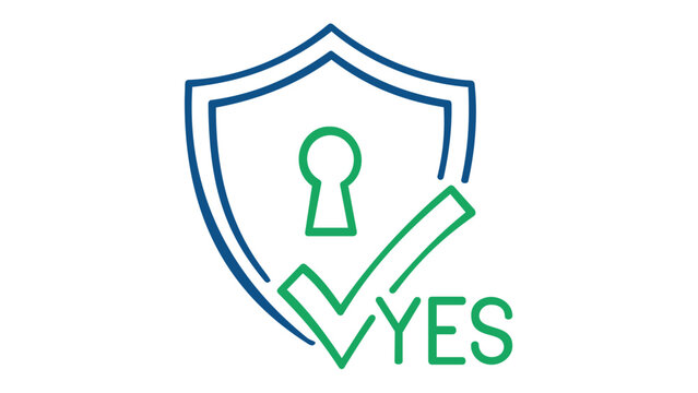 Scalable vector icon illustration featuring a blue outline shield with a central keyhole and a green checkmark tick with the word YES, representing security, privacy, and verified permission.