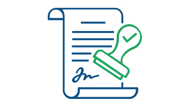 Permission line icon vector illustration featuring a signed document with an approved rubber stamp and checkmark, representing legal agreement, contract verification, and official authorization.