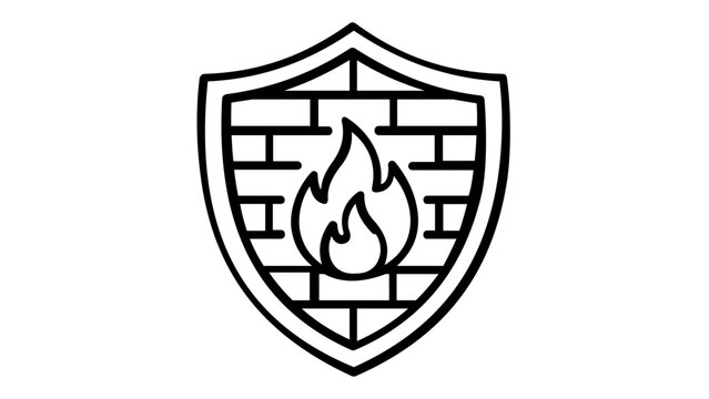 Firewall and VPN security icon vector illustration featuring a shield with a brick wall and flame symbol representing network protection, cyber security, and data privacy in a minimalist line art