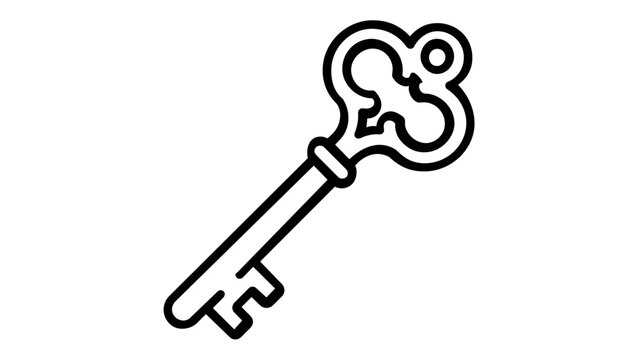 Vintage antique skeleton key vector icon illustration featuring a minimalist black line art design. Ideal for security, privacy, access, and unlocking concepts in web UI, logos, and graphics.