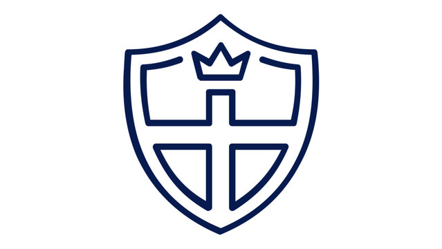 Dark blue minimalist shield line icon vector illustration with crown and cross. Professional security, protection, and privacy symbol for branding, web design, and digital apps. AI-generated.