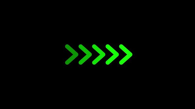 Animated arrow icon pointing right. Green Arrow icon animation on black background. Fast forward sign moving forward. 4k video