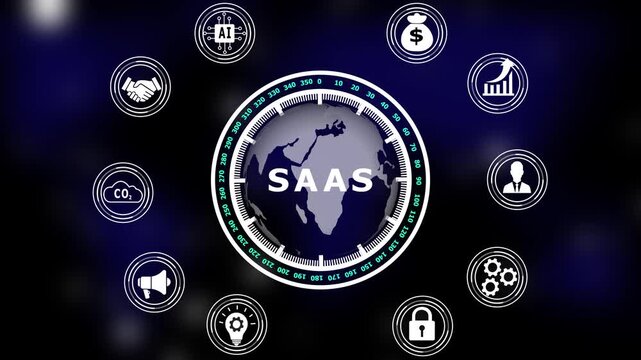 Software as a service concept showing the acronym sas inside a central globe surrounded by digital interface symbols like artificial intelligence and padlock on dark background