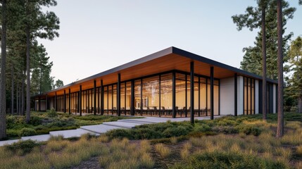 Fototapeta premium Modern Glass and Wood Building Linear design for a conference space, harmonizing transparency and warm interiors with a serene pine forest landscape. architecture, biophilic