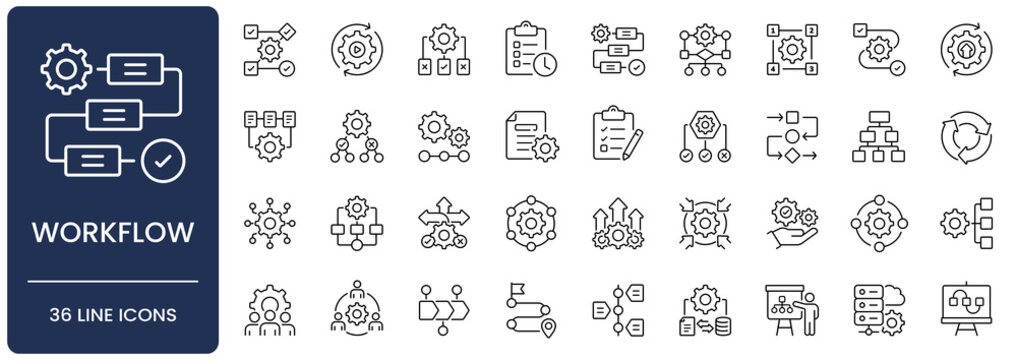 Workflow line icon set. Collection of business process, automation, project management and organization outline vector symbols with editable stroke.