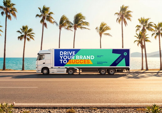 Semi-Truck Trailer Branding Mockup on Summer Beach Coastal Road with Palm Trees