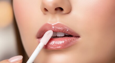 Naklejka premium Close up of a woman applying glossy lip gloss to her plump lips showcasing a beauty and makeup routine
