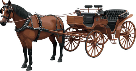 Vintage Horse-Drawn Carriage Illustration with Brown Horse, Detailed Harness, and Classic Wooden Wheels © MdMunzurul