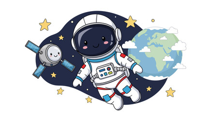 Whimsical vector illustration depicting a spacewalking astronaut in orbit with Earth and a satellite, designed with a cute, cartoon-like style against a starry galaxy background, invoking © Jangkrik