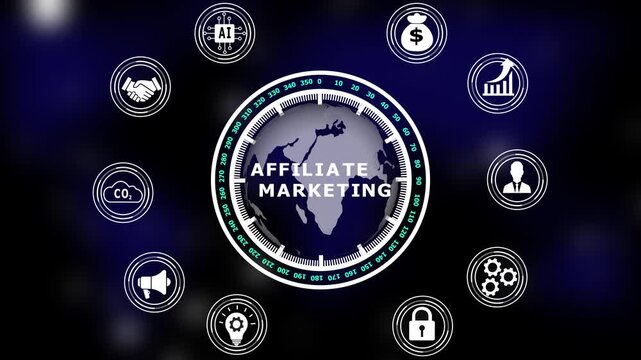 Affiliate marketing concept featuring a central globe surrounded by circular business including money bag handshake growth chart user profile gears padlock lightbulb megaphone and carbon dioxide