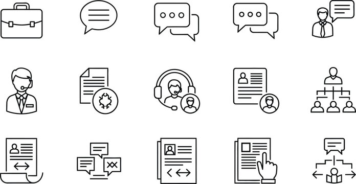 Business and career icons, including briefcase, documents, resumes, and people, speech bubble