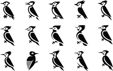 Fototapeta premium Woodpecker Silhouette Icon Collection Set