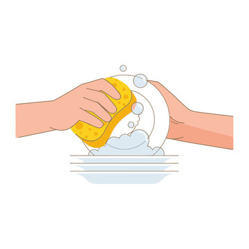 Hands washing dishes with sponge and soap bubbles, clean kitchenware hygiene