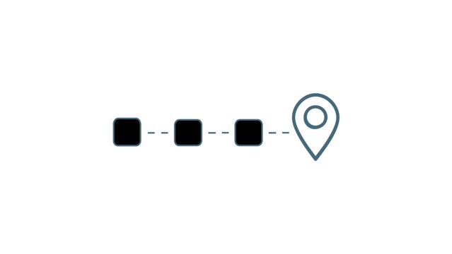 Minimalist vector icon illustration of a horizontal progress slider or navigation path featuring three square nodes and a map pin location marker at the end, ideal for UI and web design.