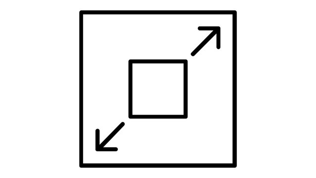 Maximize and expand vector icon illustration. Minimalist black line art design featuring a small square scaling up with diagonal arrows. Scalable UI element for web, mobile apps, and interfaces.