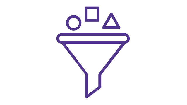 Minimalist purple gradient vector icon illustration of a data funnel sorting geometric shapes like circles, squares, and triangles, representing information processing, filtering, and UI design.