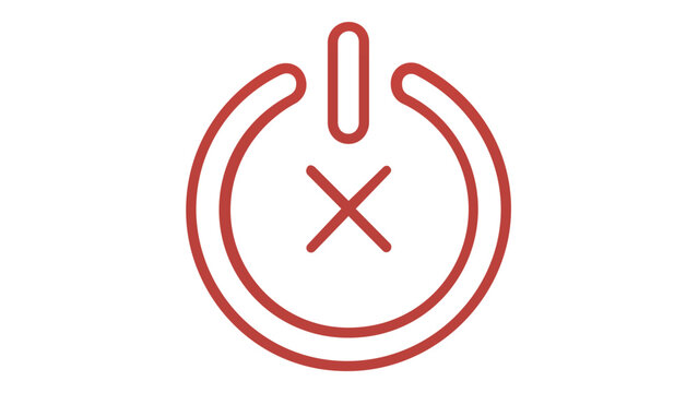 Red minimalist vector icon illustration of a power button with a cross symbol inside, representing system error, shutdown failure, emergency stop, or power off cancellation for UI design. Scalable