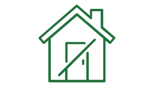 Green minimalist line art vector icon of a house with a diagonal slash through it, representing homelessness, eviction, housing crisis, or restricted access for web and graphic design projects.