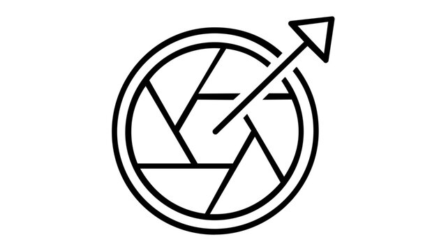 Minimalist vector illustration of a camera shutter aperture line icon with a diagonal arrow pointing outwards, perfect for photography apps, user interface design, and digital media projects.