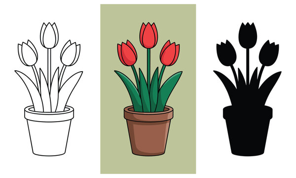 Tulips in a pot with three different graphic styles shown side by side for design versatility and options