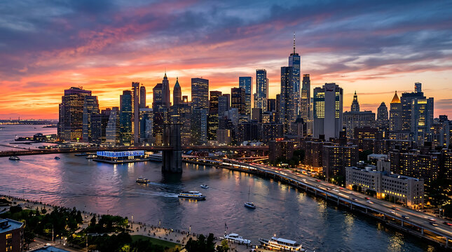 New York City Skyline at Sunset 8k wallpaper - A breathtaking view of the iconic Manhattan skyline illuminated by the warm hues of a setting sun, perfect for a desktop background