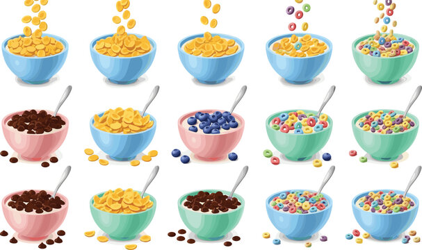 elicious Breakfast Cereal Collection with Different Flavors, Colors, and Bowls for Food, Morning Routine, and Healthy Lifestyle Illustration Projects