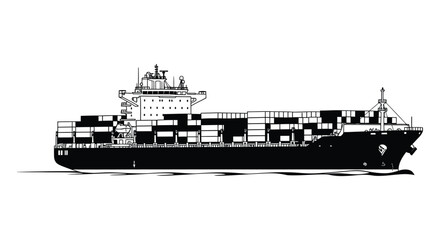 A striking black and white illustration depicts a large container ship on water presented as a bold silhouette high quality professional © rabbivay