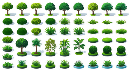 Fototapeta premium Top View Garden Plants Trees Bushes Landscape Elements Set.