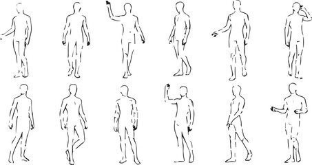 Fototapeta premium Set of 12 Hand-Drawn Sketchy Human Figure Poses Vector isolated PNG with Transparent Background